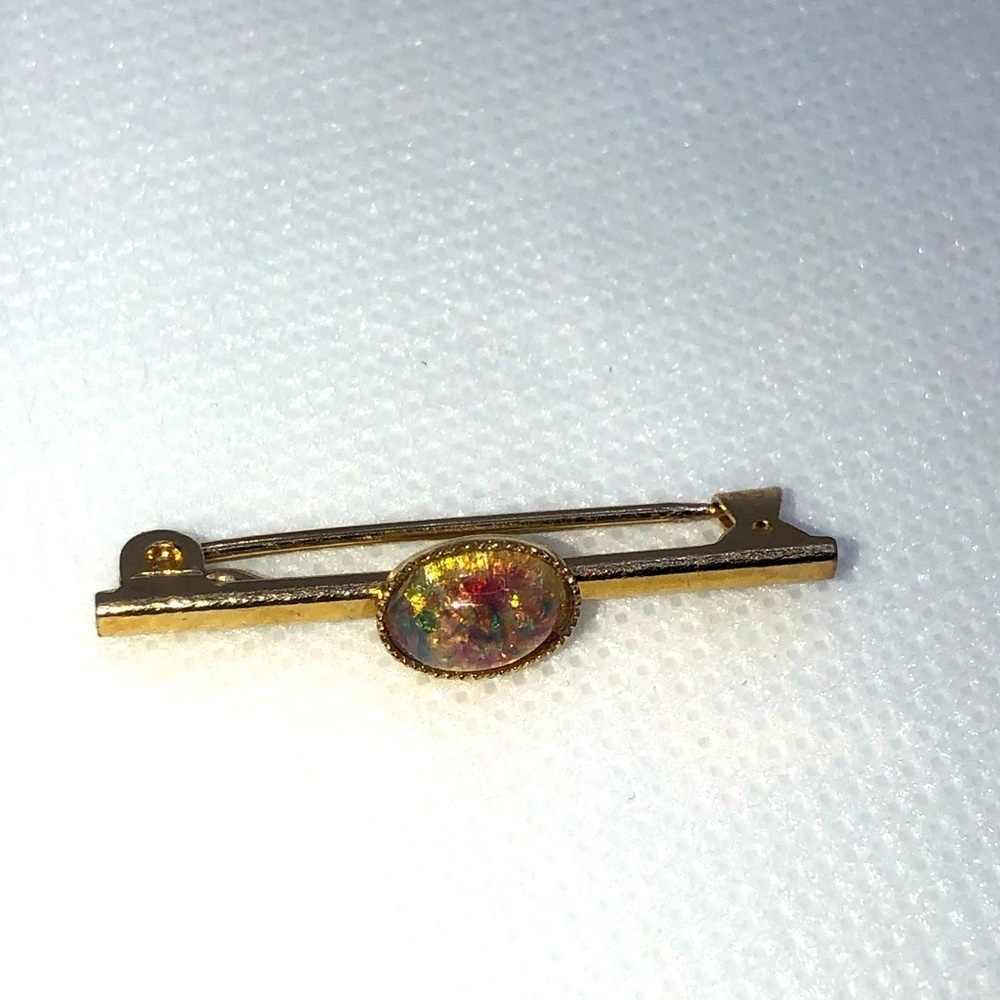 VINTAGE Faux Opal Gold Tone Bar Brooch Pin Unmarked 1.3”